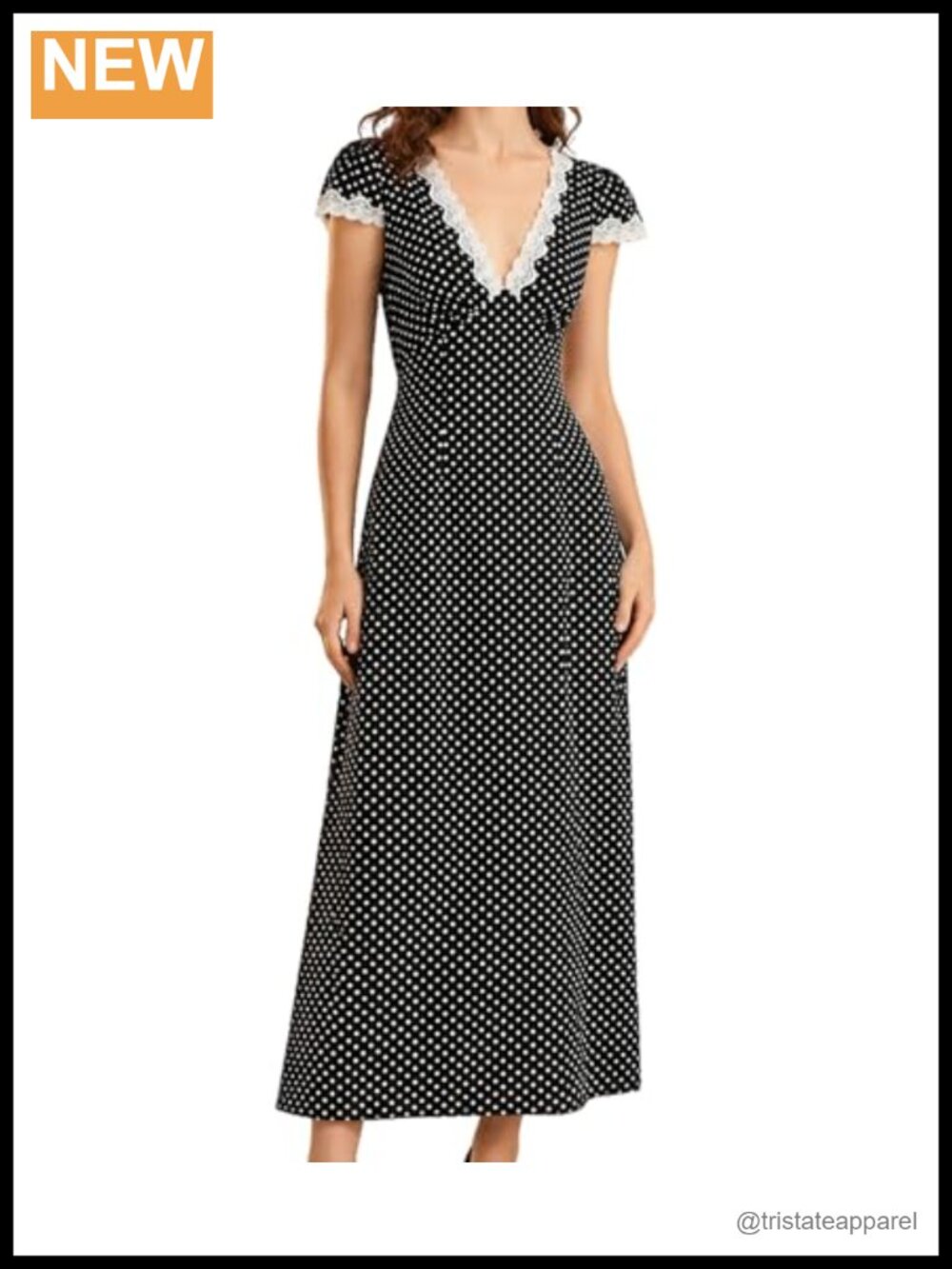RIHOAS Polka Dots Lace Trim V Neck Short Sleeve Long Dress